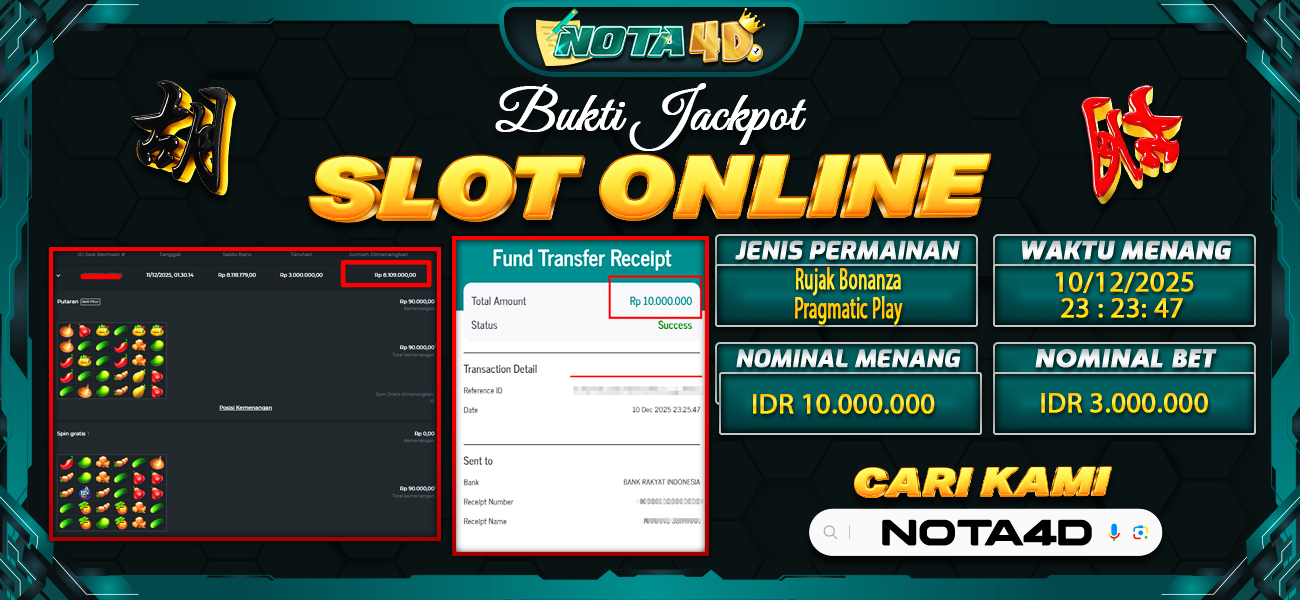 Bukti Kemenangan Besar Dibayar lunas Member NOTA4D RP 10.000.000, 11 Desember 2025
