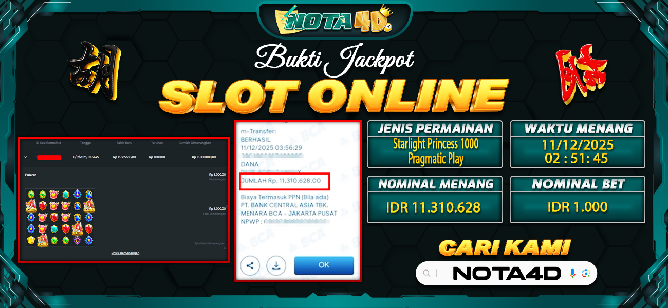 Bukti Kemenangan Besar Dibayar lunas Member NOTA4D RP 11.310.628, 11 Desember 2025