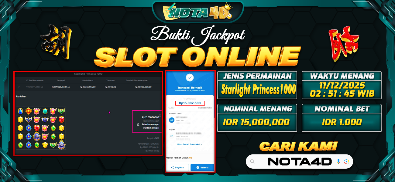 Bukti Kemenangan Besar Dibayar lunas Member NOTA4D RP 15.000.000, 11 Desember 2025