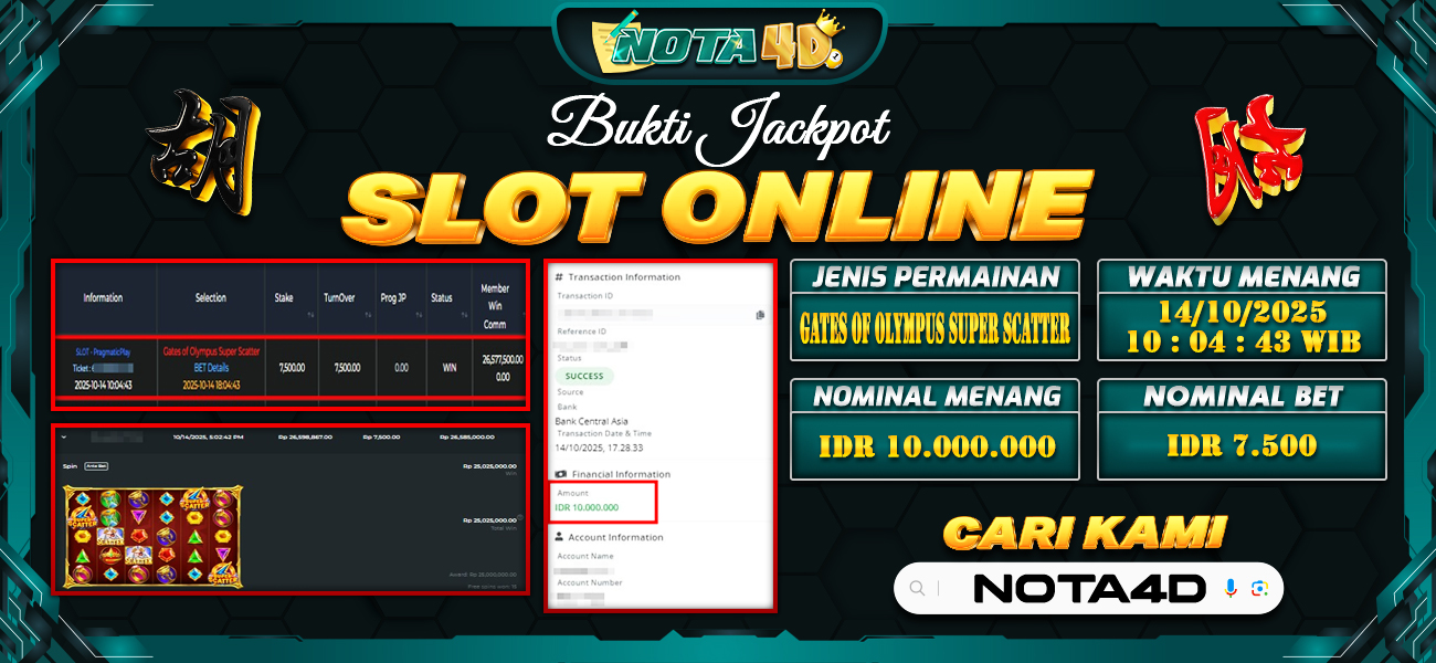 Bukti Kemenangan Besar Dibayar lunas Member NOTA4D RP 10.000.000, 15 Oktober 2025