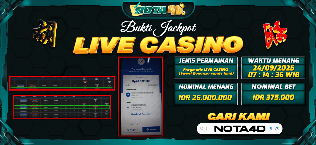 Bukti Kemenangan Besar Dibayar lunas Member NOTA4D RP 26.000.000, 24 September 2025