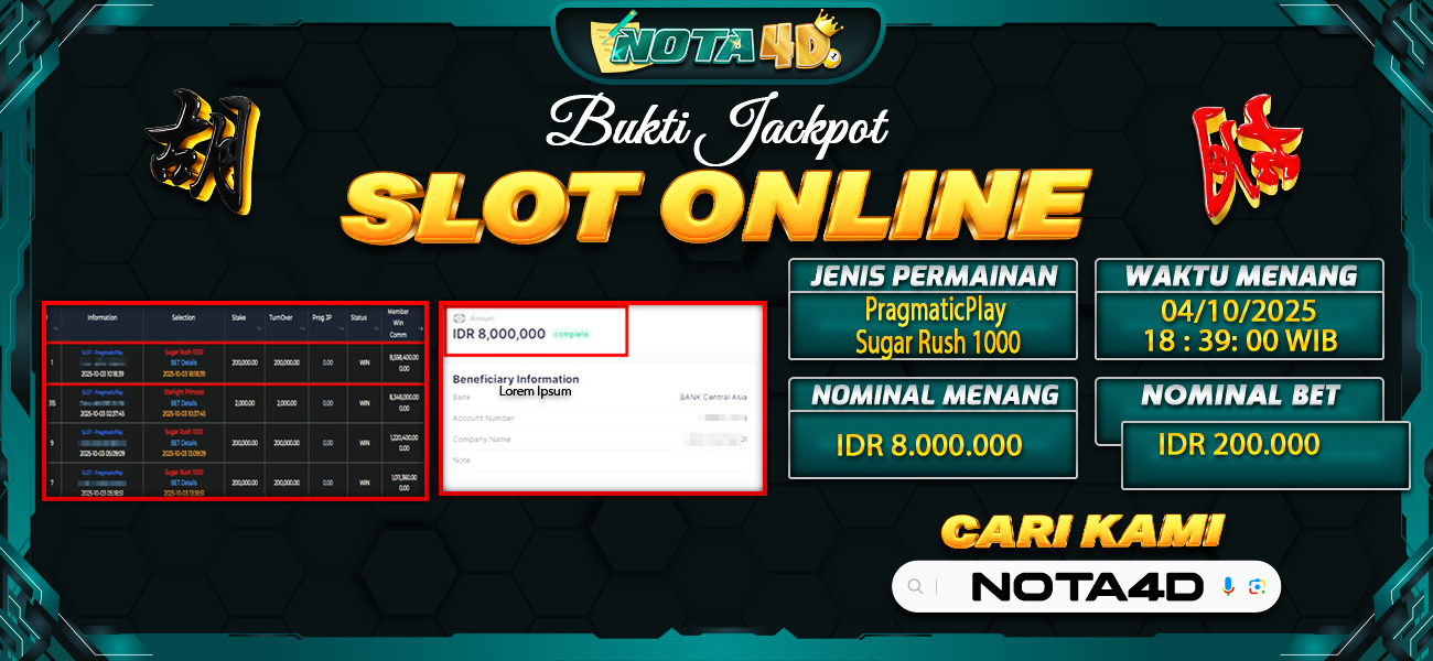Bukti Kemenangan Besar Dibayar lunas Member NOTA4D RP 8.000.000, 5 Oktober 2025