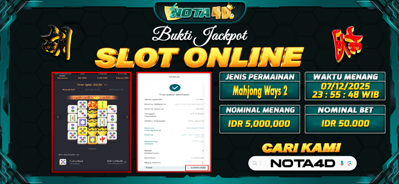 Bukti Kemenangan Besar Dibayar lunas Member NOTA4D RP 5.000.000, 8 Desember 2025