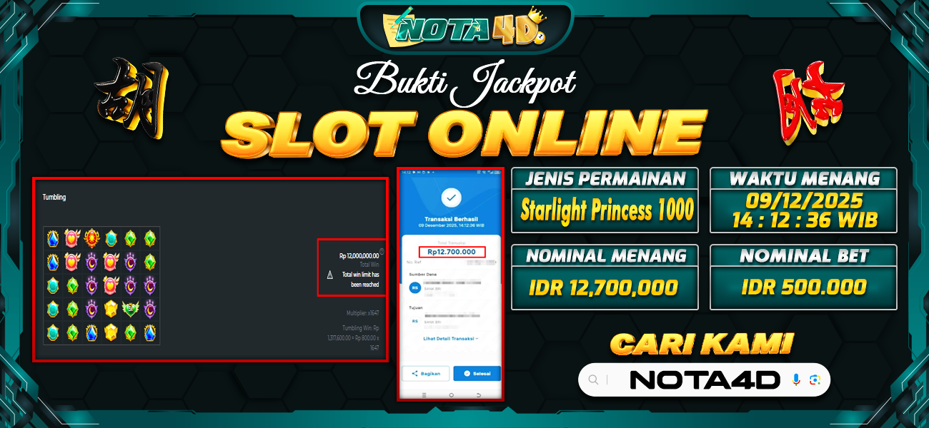 Bukti Kemenangan Besar Dibayar lunas Member NOTA4D RP 12.700.000, 9 Desember 2025