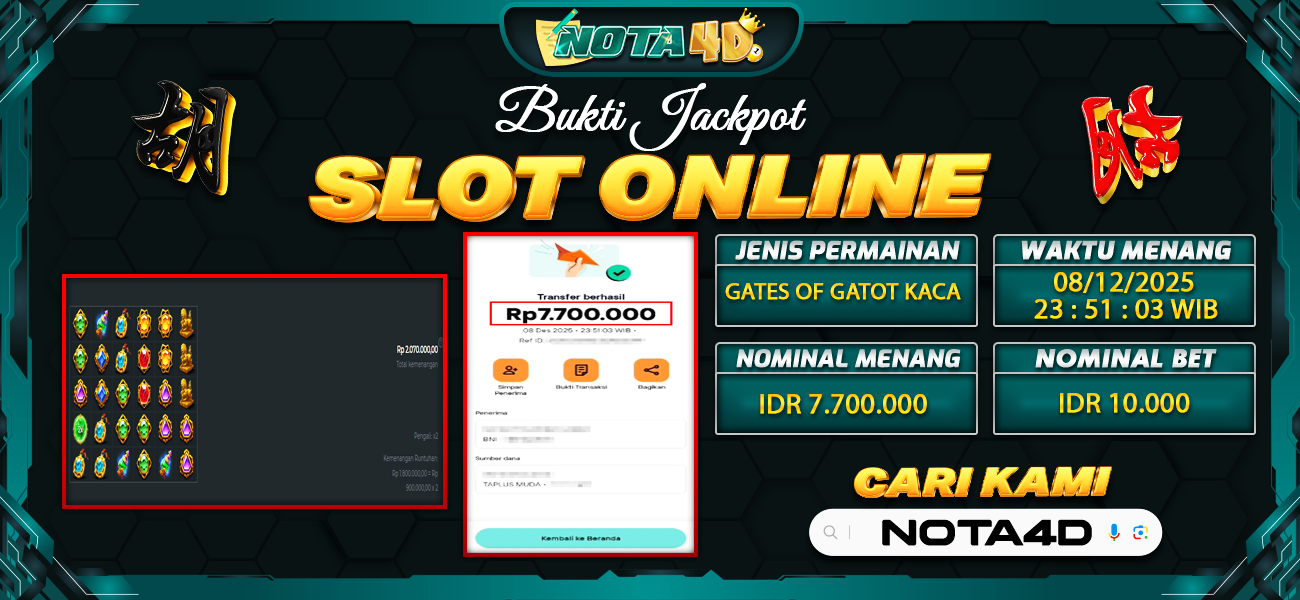 Bukti Kemenangan Besar Dibayar lunas Member NOTA4D RP 7.700.000, 9 Desember 2025